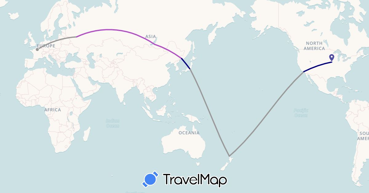 TravelMap itinerary: driving, plane, train in France, Japan, New Zealand, Russia, United States (Asia, Europe, North America, Oceania)